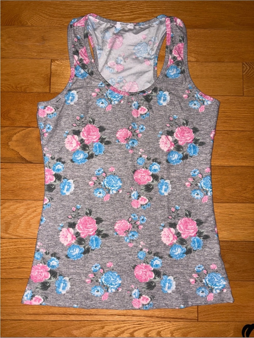 Ardene Gray Floral Scoop Tank Top Pink & Blue Blooms L